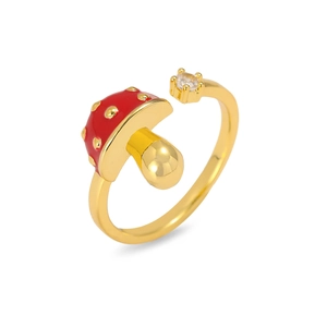 Adjustable French mushroom ring in gold finish with red enamel and zircon stone
