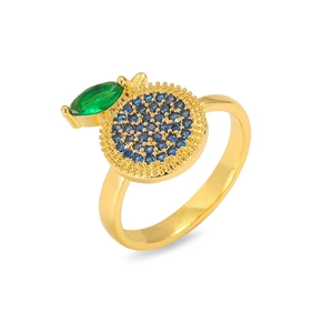 Detailed view of apple-shaped ring with blue stones and green leaf on gold band
