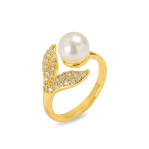 Verstellbarer goldener offener Ring mit weißer Perle und funkelnder Pavé-Weizenblatt-Optik
