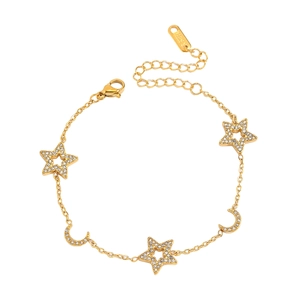 Bracelet en acier inoxydable doré avec charms étoile et lune sertis de cristaux brillants