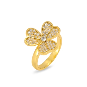 Golden French flower open ring with sparkling pavé cubic zirconia clover petals