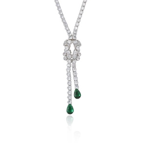 Elegant silver necklace with sparkling zircons and green pear-cut tassel pendants