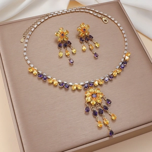 Elegant Sun Flower Jewelry Set Colorful Zircon Tassel Fringe Necklace Dangle Earrings With 925 Sterling Silver Earring Post