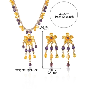 Fashion sunflower zircon necklace and earrings set with purple and yellow teardrop tassels