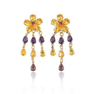 Fashion flower tassel earrings with zircon sunflower pendant and gold finish on white