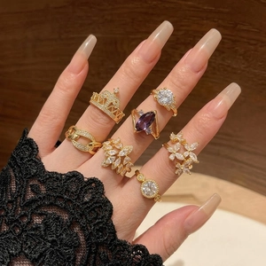 Adjustable Open Rings For Women Alloy Gold Plated Inlaid Zirconia Floral Butterfly Crown Vintage French Style Fashion Jewelry