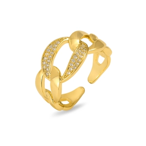 Close-up of golden Cuban link open ring with sparkling pavé zircons on central bands