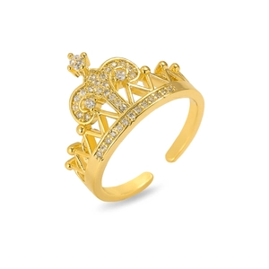 Detailed view of adjustable golden crown ring set with white zirconia gemstones