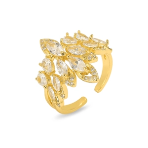 Adjustable gold open ring with marquise-cut zircons and flower cluster leaf design