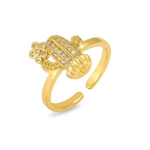 French style floral gold open ring with shell texture and pave crystals for women