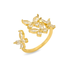 Gold butterfly open ring featuring three marquise-cut clear stones in a 45-degree view