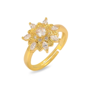 Makroaufnahme des goldenen Blumenrings mit Zirkonia-Sonnenblume und verstellbarem Band