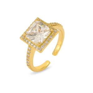 Französischer goldener Ring mit großem quadratischem Stein und Pavé-Fassung