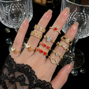 Heart Shape Adjustable Open Ring Alloy Gold Plated Zircon Enamel French Style Fashion Jewelry Accessory For Women