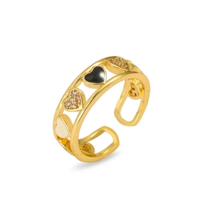 Detail view of adjustable gold-plated ring with colorful enamel hearts and sparkling crystals