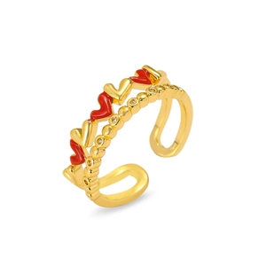 Detail of gold heart ring with red enamel and micro-pave cubic zirconia stones