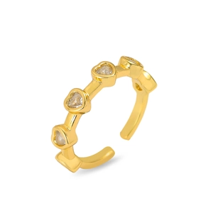 Gold open ring with heart-shaped sparkling crystals and adjustable minimalist design