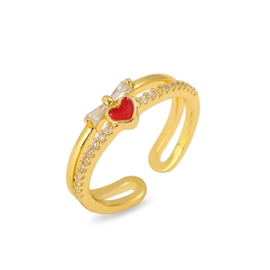 Adjustable gold ring with red enamel heart, baguette stones and paved zirconias