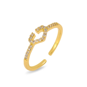 Gold open ring with pavé cubic zirconia curved heart design for women