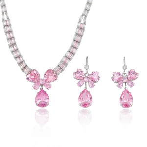 Pink butterfly zircon jewelry set with crystal necklace and matching drop earrings