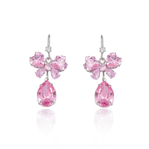 Pink zircon butterfly drop earrings with pear-cut crystals and silver metal finish