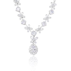 Luxury silver necklace with zircon butterfly links and a pear-cut drop pendant
