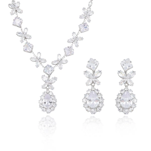 Elegant silver jewelry set with zircon butterfly necklace and matching floral drop earrings