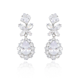 Elegant silver zircon earring set featuring butterfly motif and pear-cut crystal drops