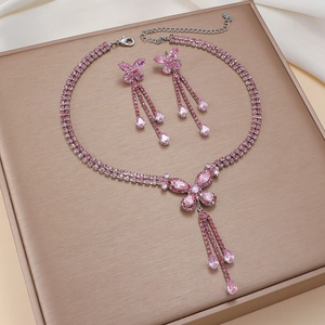 Butterfly Jewelry Necklace And Earrings Pink Cubic Zirconia Tassel Fringed Copper Chic Elegant Women