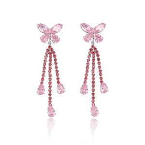 Pink butterfly tassel earrings with zircon stones and silver metal fringe chains