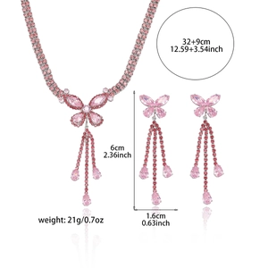 Pink butterfly tassel jewelry set with zircon necklace and matching long earrings