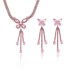 Pink zircon butterfly necklace and tassel earrings set with silver-tone metal finish
