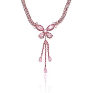 Elegant pink zircon butterfly necklace with tassel water drop pendants on white background