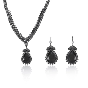 Elegant black zircon tulip jewelry set with V-shaped necklace and matching drop earrings