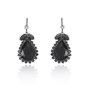 Gothic black pear-cut zircon teardrop earrings with silver hooks on white background