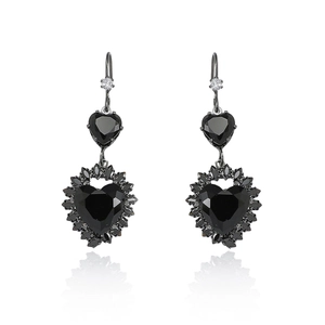 Fashionable black heart zircon earrings with vintage gothic style on white background