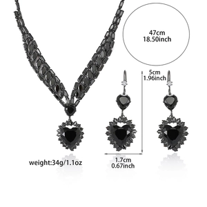 Fashion black heart zircon necklace and earrings set with marquise stones and silver base