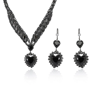 Chic black heart zircon jewelry set with multi-layer necklace and matching drop earrings