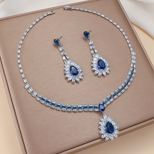 Blue teardrop jewelry set with zircon necklace and earrings in a premium gift box