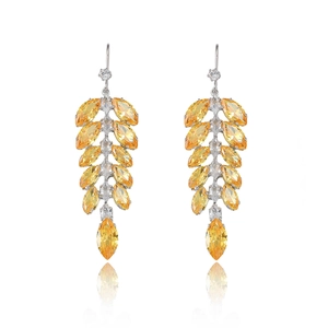 Elegant long silver drop earrings with yellow zircon wheat tassel design on white background