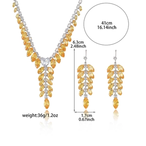 Zircon necklace and earrings set with yellow stones and wheat leaf tassel design