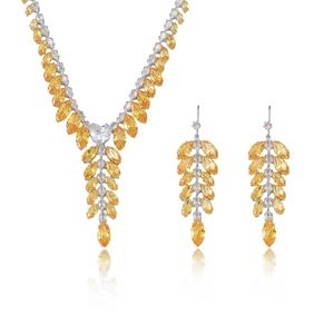 Sparkling silver jewelry set with yellow zircon wheat ear necklace and drop earrings