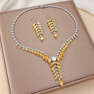 Wheat Ear Necklace And Earrings With Yellow Zirconia Titanium Steel Elegant Party Accessories For Women