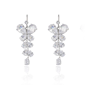 Silver butterfly zircon drop earrings featuring crystal tassels on white background