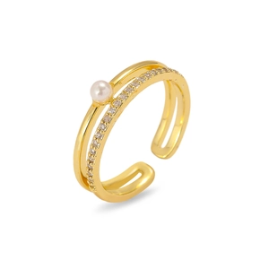 Bague ouverte dorée double couche avec perle blanche et cristaux pavés étincelants