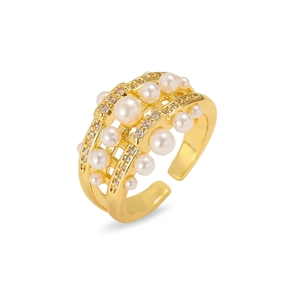 Bague multicouche ajustable dorée avec perles blanches et pierres de zircone