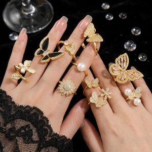 Butterfly Heart Star Moon Adjustable Open Rings Alloy Zircon Artificial Pearl Enamel French Aesthetic Jewelry For Women Girls Elegant