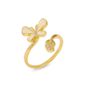 Detail of adjustable gold ring with white enamel butterfly and paved zircon leaf