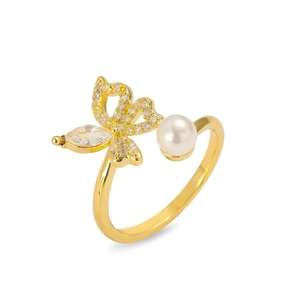 French style gold butterfly open ring with sparkling zircon stones and white pearl
