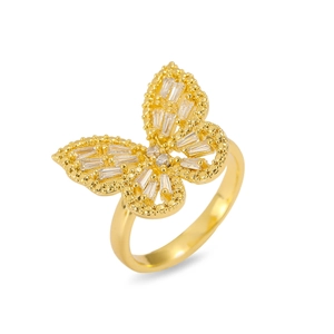 Elegant gold butterfly open ring with sparkling baguette and round cubic zirconia stones